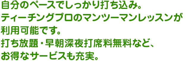 自分のペースでしっかり打ち込み。ワンポイントレッスンは無料で利用可能です。打ち放題・早朝深夜打席料無料など、お得なサービスも充実。